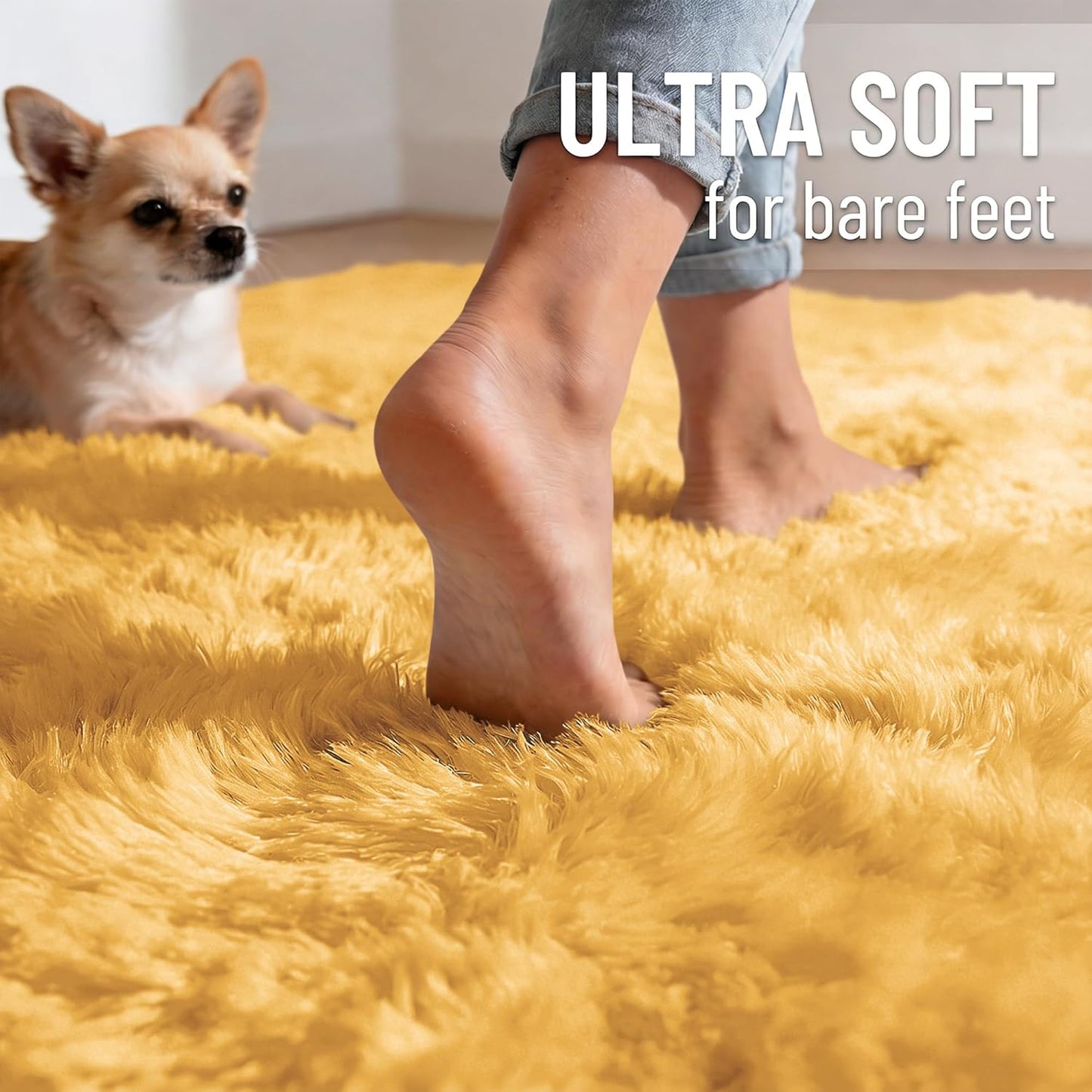 OLANLY Soft Fluffy Shaggy Bedside Rug - Machine Washable 2x3 Entryway Carpet in Mustard Yellow