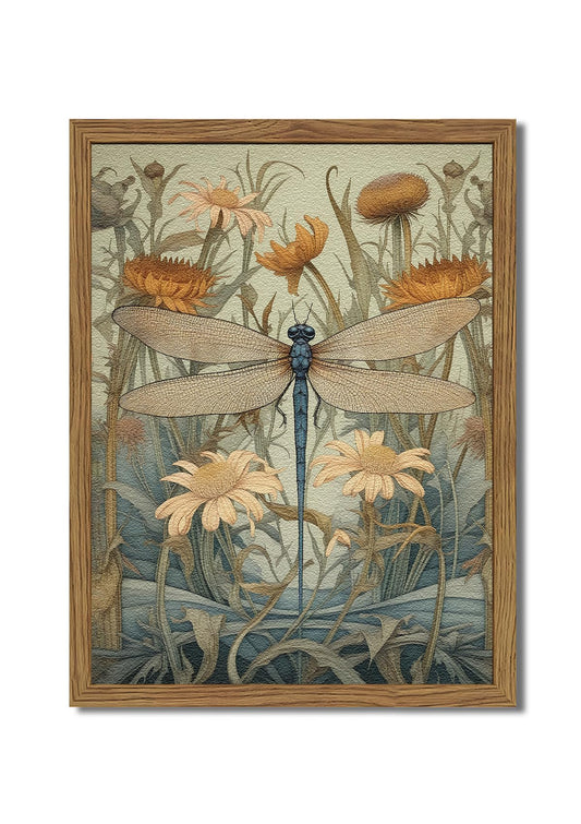 Framed Vintage 3D Textured Wall Art Green Dragonfly Flowers Wall Decor Hand Drawn Sandstone Nature Botanical Pictures for Living Room Bedroom 12x16 inch