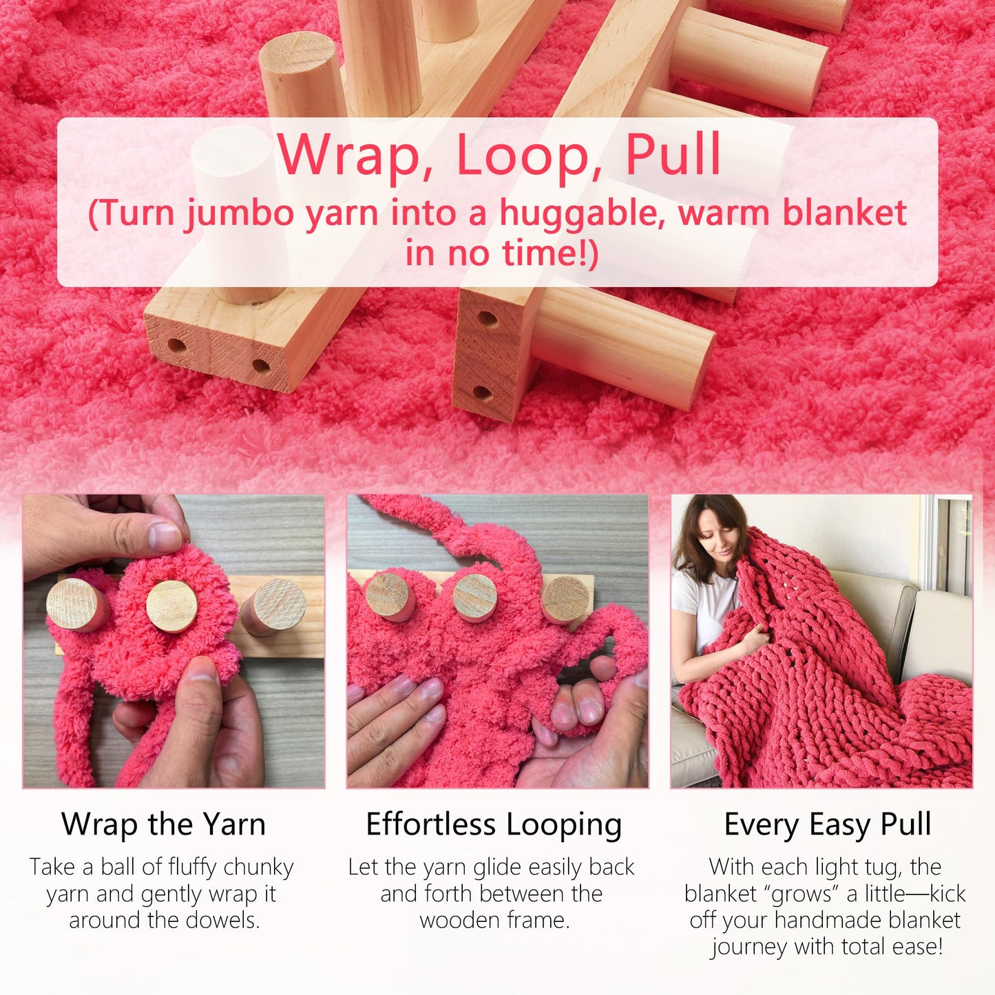 MLLNFUE 55” Chunky Blanket Loom Kit for DIY No-Needle Hand Knitting Adjustable Wooden Loom Frame Beginner Friendly Yarn Craft for Home Decor & Large Throw Blankets