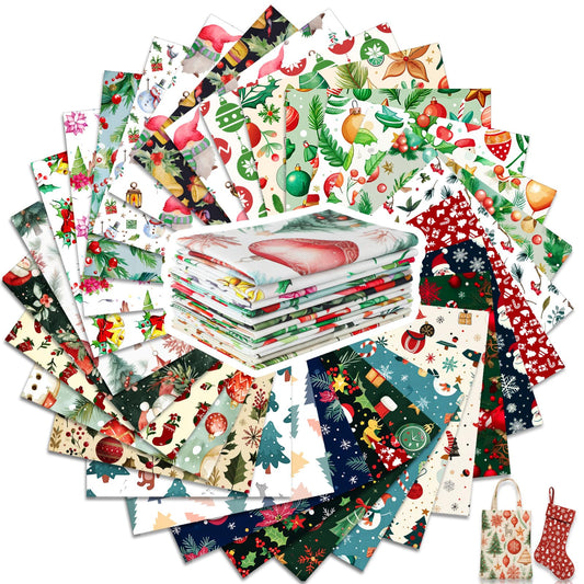 Tatuo 30 Pcs 10 x 10 Inches Christmas Cotton Fabric Bundle Squares Patchwork Floral Fabric Sewing Quilting Bundles Assorted Pattern Cloth for DIY Scrapbook Craft Making