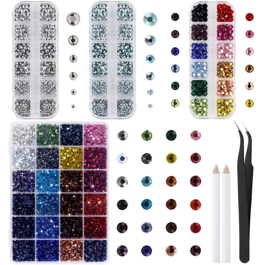 Whimsibelle 20000 Pcs Glass Hotfix Rhinestones for Bedazzling Mixed 24 Colors SS10, 12 Colors SS16, Bedazzling Kit Flatback Crystal AB Rhinestone with 2 Picking Pen 1 Tweezer for Crafting, Cloth, Nail