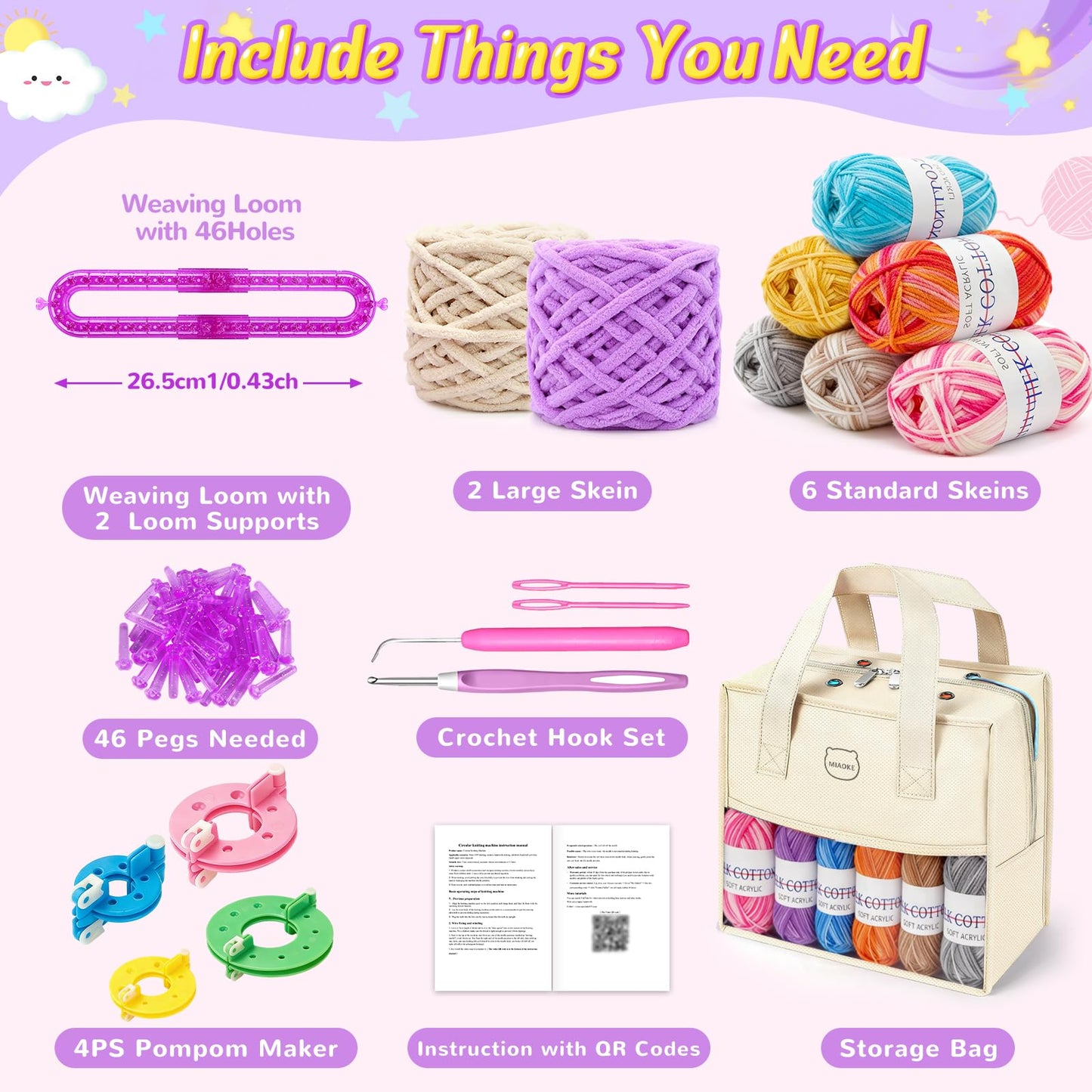 MIAOKE Weaving Loom Kit for Scarf with Pompom Maker, Long Knitting Loom Includes Storage Bag, Binding Needles, Yarn and Crochet Hooks, for Making Hats,Gloves and Blanket,DIY Craft Kit for Beginners