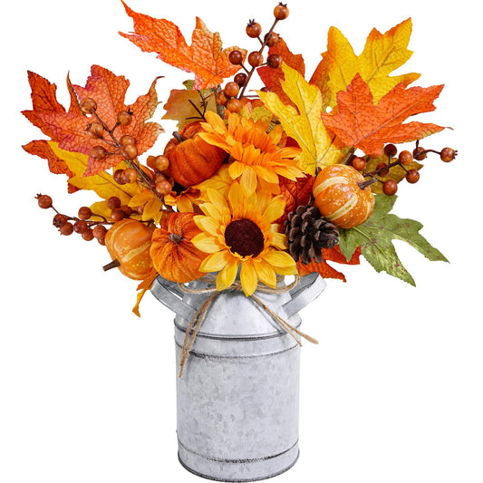 Winlyn 15" Farmhouse Fall Floral Arrangement in Vintage Galvanized Milk Can Orange Artificial Pumpkin Sunflower Berry Pinecone and Maple Leaf Picks for Autumn Thanksgiving Harvest Table Centerpiece
