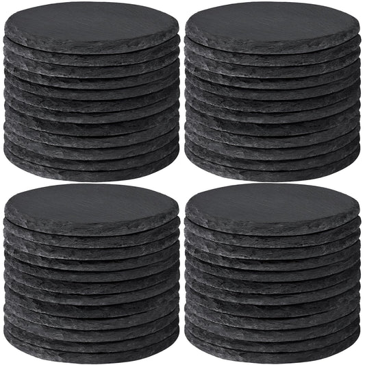 48 PCS Round Slate Drinks Coasters Bulk for Laser Engraving, MAPRIAL 4 Inch Handmade Black Rustic Stone Coaster Laser Blanks with Anti-Scratch Backing for Engraver, Wedding, Gifts, Home Decor, Bar