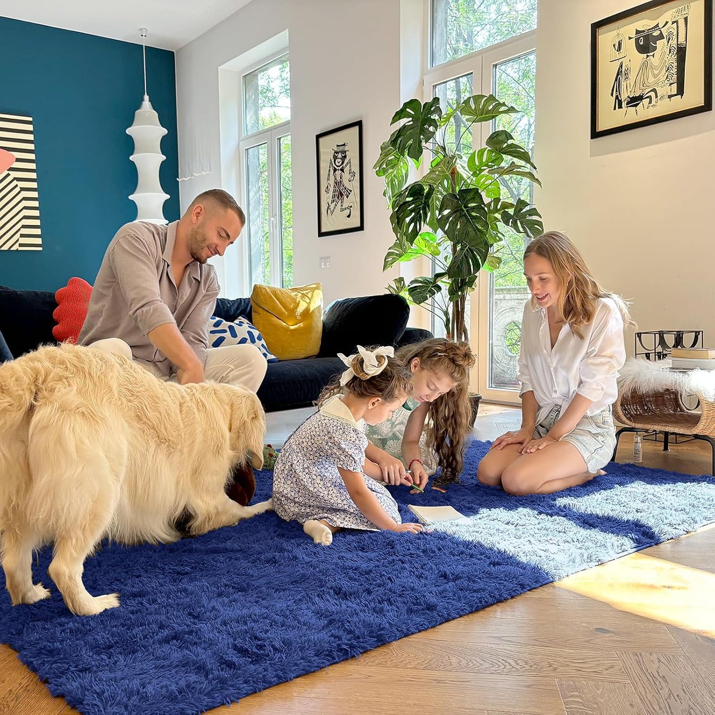 OLANLY Soft Fluffy Shaggy Bedside Rug - 3x3 Machine Washable Indoor Carpet in Navy Blue
