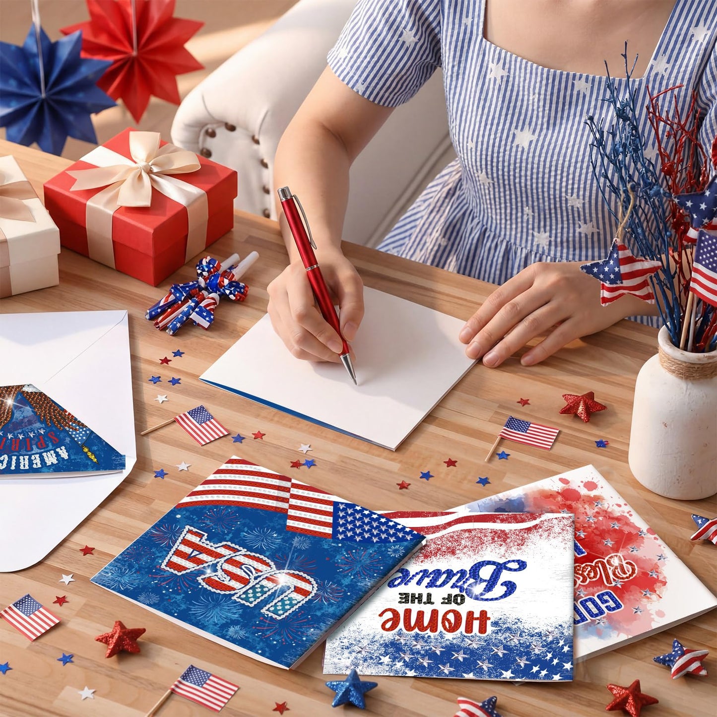 Saillong 12 Pack 4th of July Diamond Painting Greeting Card Kits Patriotic Diamond Art Cards with Envelopes Memorial Day Red White Blue 5D Rhinestones Painting Making Kits for Adults DIY Craft Gifts