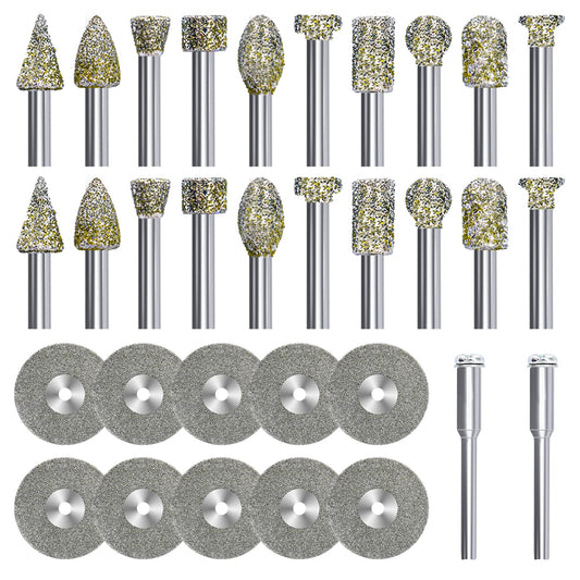 Diamond Grinding Burr Bit Set,Diamond Drill bit for Rotary Polishing Tool, Stone Rotary Tool Accessories with 1/8 Inch Shank for Stone,Ceramics Carving, Glass, Jewel Engraving Polishing- 32pc Set