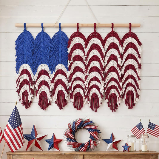 Xuhal Macrame American Flag Wall Hanging 4th of July Patriotic Woven Tapestry 24 x 17 Inch Vintage Boho Red White Blue Flag Decor USA Decor for 250th Anniversary Independence Memorial Day Veterans