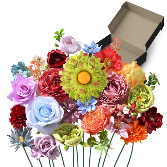 YZXZM Artificial Flowers Combo Box, 38PCS Fake Flowers, Silk Flower Mix with Wire Stem, DIY Wedding Bridal Bouquet for Arrangement, Shower Party Home Décor, Multi Color
