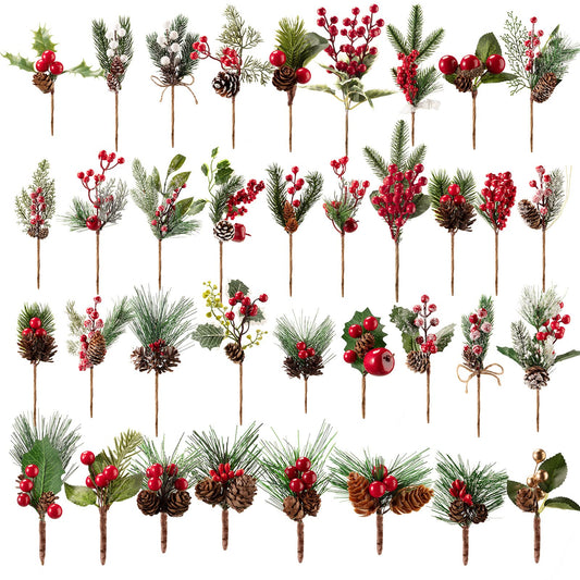 Yunsailing 37 Pcs Artificial Christmas Tree Picks Faux Cedar Holly Pine Stems with Red Berries Christmas Tree Picks Decorations for Xmas Winter Holiday DIY Crafts Wreath(Classic)