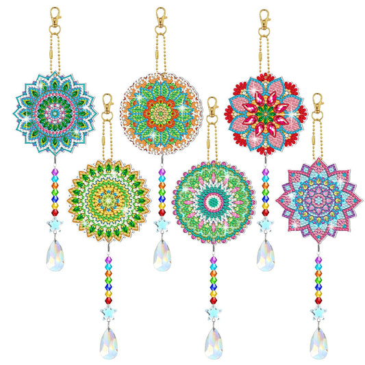 Tradder 6 Pcs Mandala Diamond Art Suncatcher Diamond Painting Wind Chimes Rhinestone Painting Hanging Ornament with Crystal Pendant Colorful DIY Art Kit for Window Garden Porch Home Decor Gift