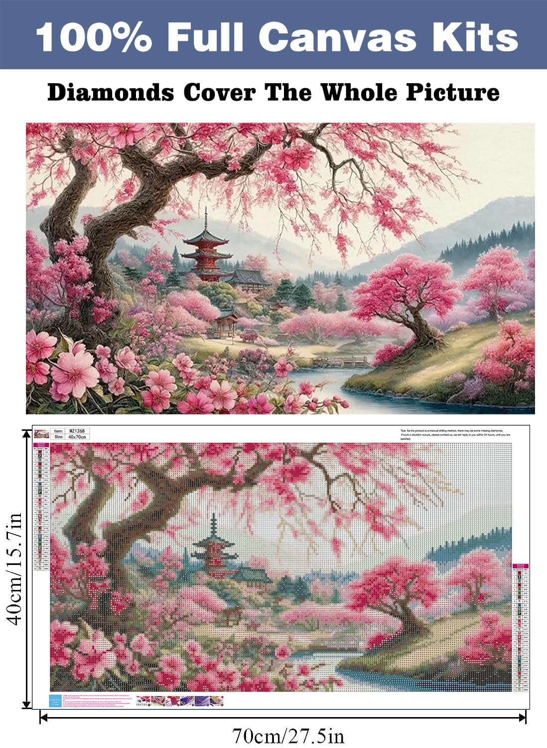 Large Diamond Art Kits for Adults, Cherry Blossoms Flower Diamond Art Painting Kits for Adults, 5D DIY Full Drills Mountain Sakura Craft for Gifts, Home Wall Decor 15.7" x 27.6", Extra Large Size