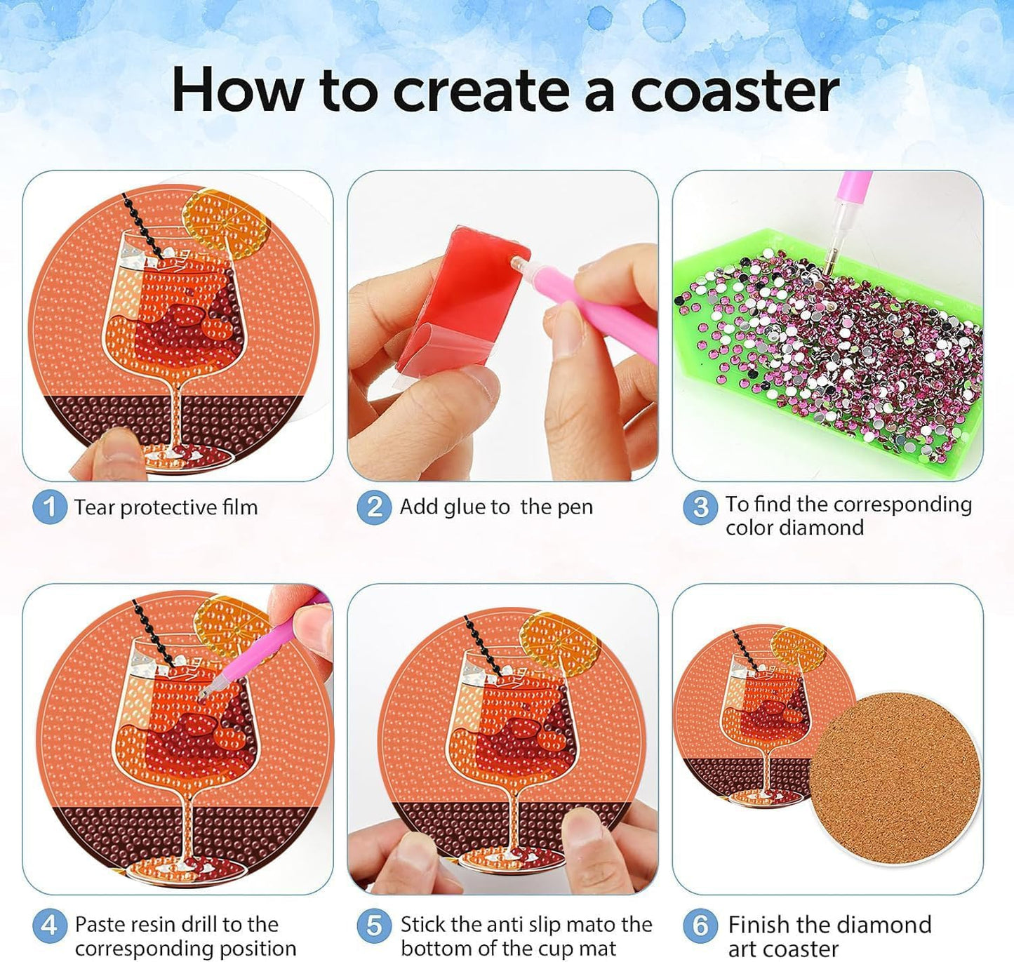 igoodom Diamond Art Coasters Kit, 6 PCS Cocktail Diamond Painting Coasters Kit for Adults with Holder, DIY Mosaic Crafts for Adults 3.9inch