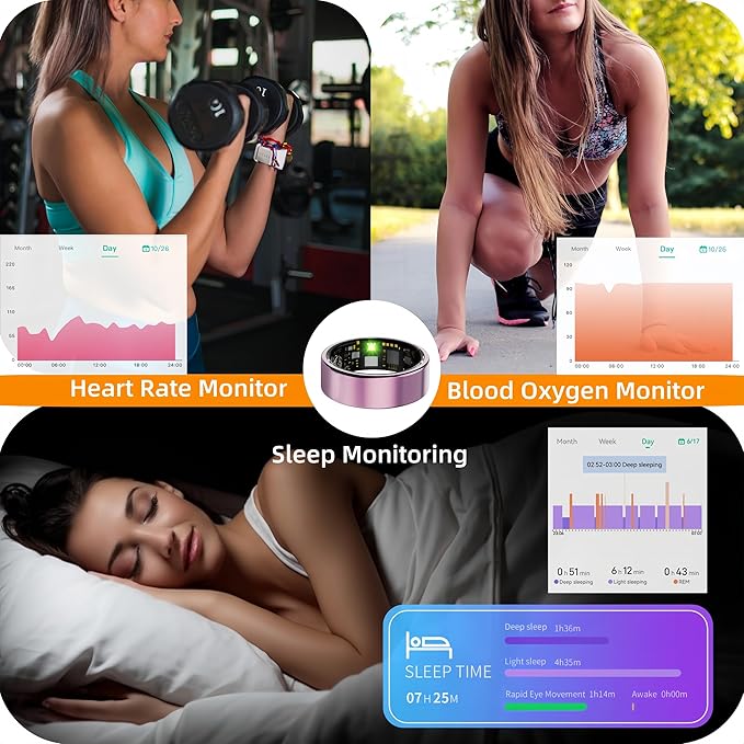 Smart Ring for Women Men, Health Tracker with Heart Rate/Blood Oxygen/Blood Pressure/Sleep Monitoring/Step Counting, IP68 Waterproof Fitness Ring, No App Fees for iPhone & Android (Black, 6#)
