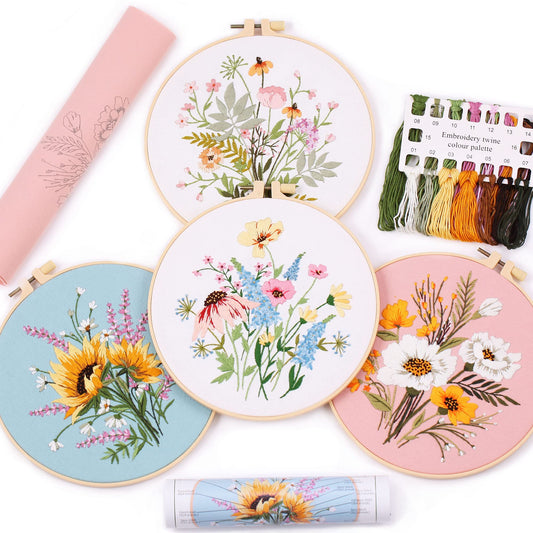 4Pcs Embroidery kits for beginners, Including Printed Embroidery Cloth with flower Patterns, 2 Plastic Embroidery Rings, 1 Pair of Scissors, Colored Threads, Needles and an Embroidery Instructions