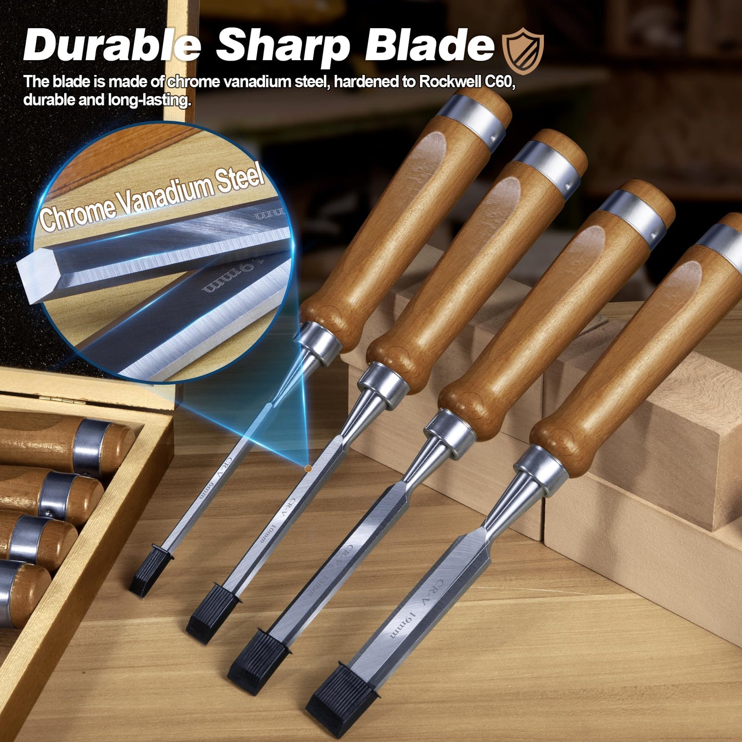 10 Pieces Wood Chisel Set, 1/4"~2" Woodworking Chisel Kit with Sharp CR-V 60 Steel Blades, Wooden Box, Honing Guide, Sharpening Stone for Carpenter Craftsman Woodworker