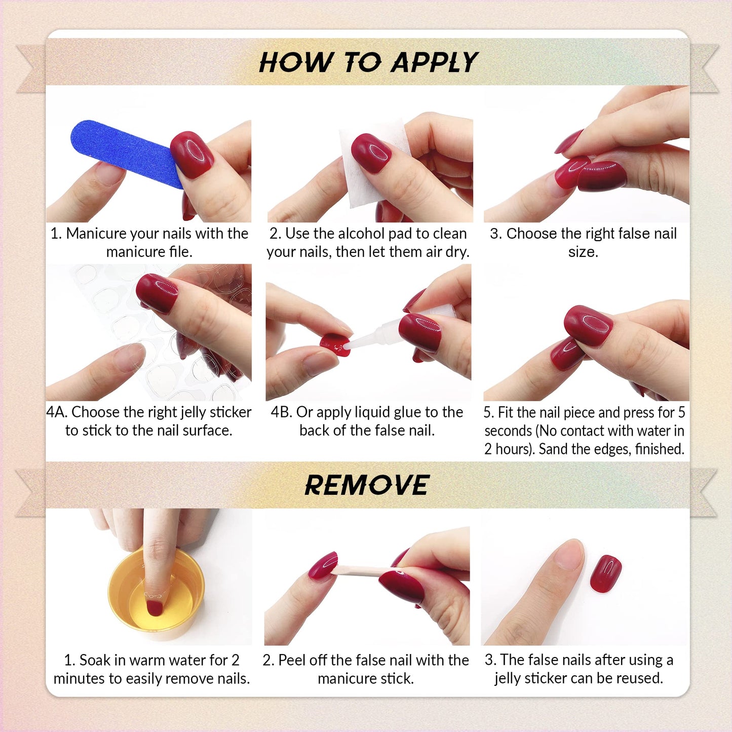 Qsnidy Press on Nails Square - French Ombre Pink Fake Nails Medium Acrylic Glossy Full Cover Stick On Nails for Women and Girls Daily Wear, Natural Fit Glue on Nails in 12 Sizes - 24 Nails Kit