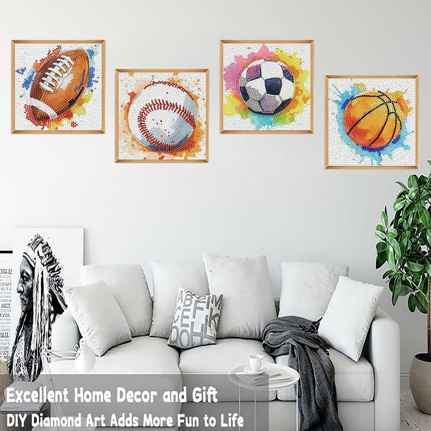 GemZono 4 Pack Diamond Art Painting Kits for Adults, Ball Sports 5D Diamond Painting Dots Art Kits for Adults Beginner, Balls DIY Full Round Gem Crystal Art Paint by Diamond, Home Wall Decor 12x 12 in