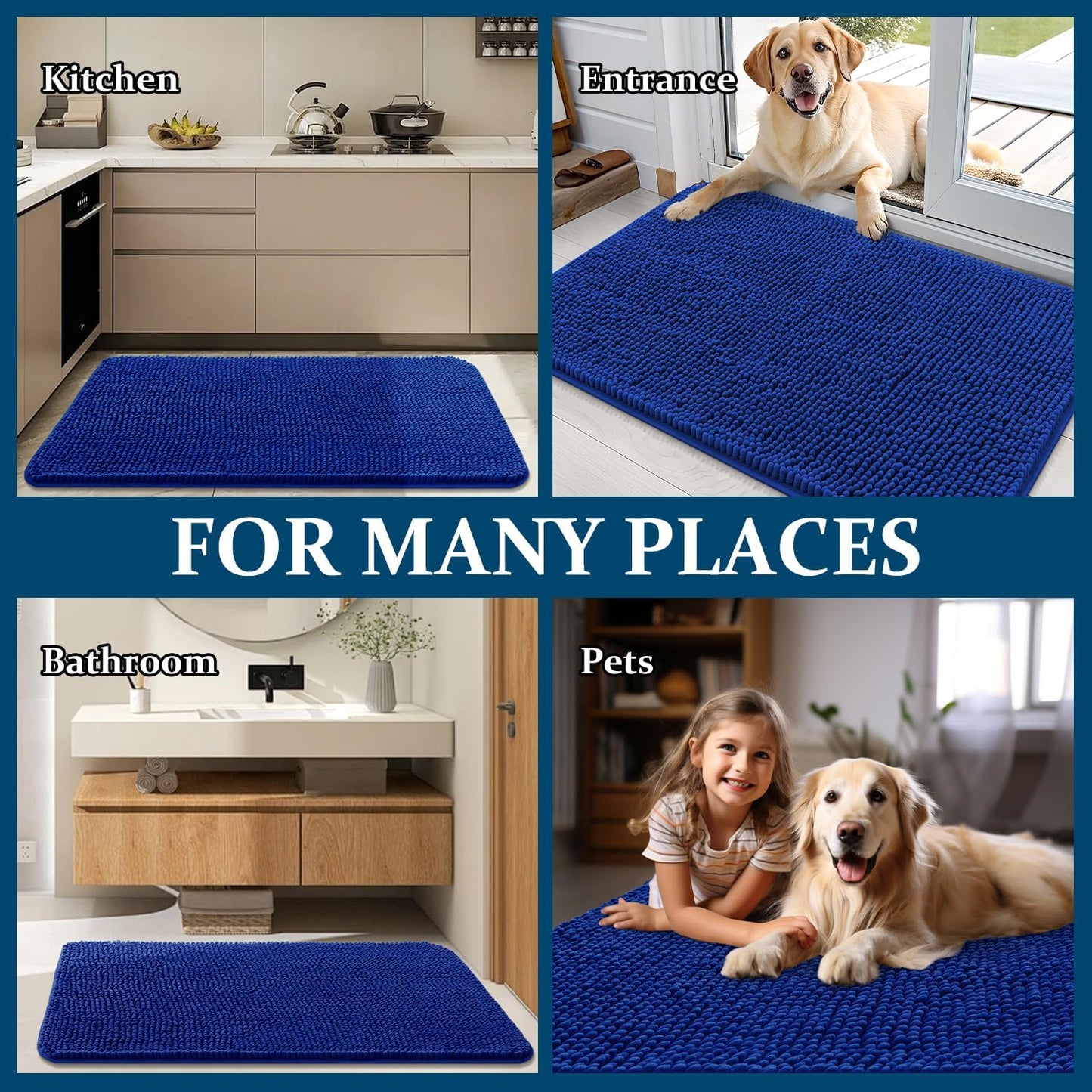OLANLY Dog Door Mat - Absorbent Non-Slip Washable Doormat for Muddy Paws | 34x21 Royal Blue