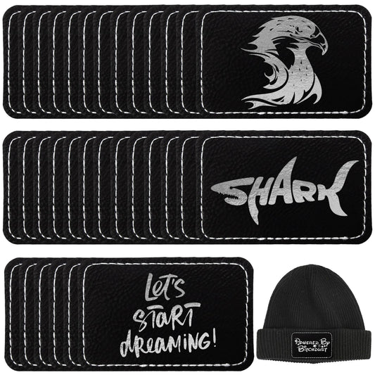 50 Pack Blank Leatherette Hat Patch with Adhesive, Rectangle Laserable Leatherette Patch, Faux Leather Patches for Hats Custom Fabric Repair Sew Laser Supplies (Black to Silver)
