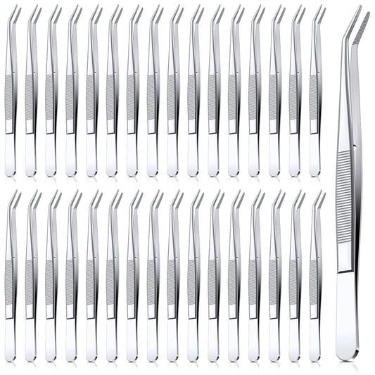 Honoson 32 Pcs Stainless Steel Tweezers for Crafting with Curved Serrated Tip Multipurpose Forceps Sewing Machine Tweezers Bulk (Silver)