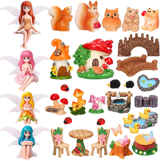 QAUYETM 40Pcs Fairy Garden Accessories Miniature Garden Ornaments Kit with Mini Animal Plant Fairies Furniture House Figures Bulk for Micro Landscape DIY Terrarium Potted Plants Dollhouse Decor