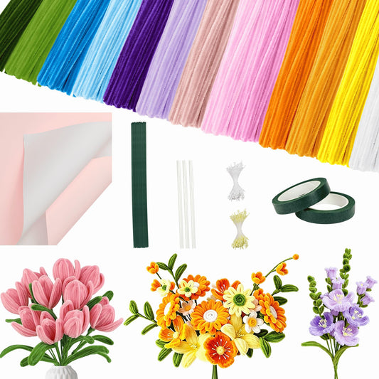 SPRFAIRY 760PCS Pipe Cleaners Craft Colorful DIY Pipe Cleaner Flower Kit 13 Colors Chenille Stems with Floral Wires Gardening Tape, Stamen, Floral Wrapping Paper for Art and Craft Supplies