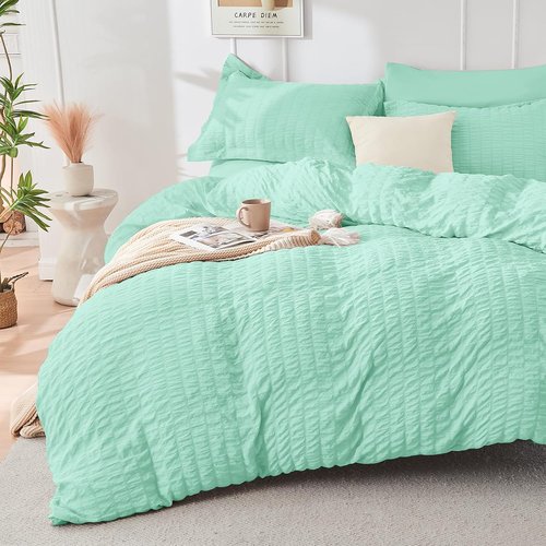 HYMOKEGE Queen Comforter Set - Mint Green Seersucker 7-Piece Luxury Bedding Set for All Seasons