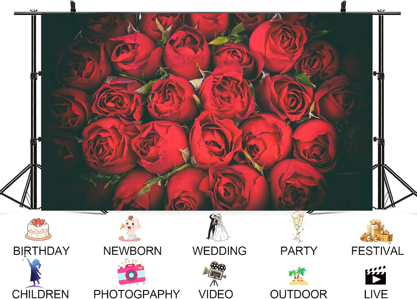 UPXIO 10x8ft Dense Red Roses Bouquet Backdrop Romantic Floral Deep Red Petals Photo Background Tapestry for Wedding