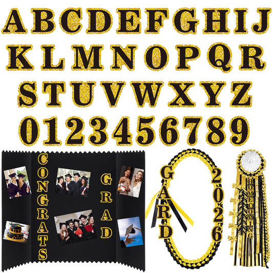 FunooFuno 72 Pcs Glitter 2026 Graduation Letters Numbers Cardstock Shiny Crafts Alphabet with Adhesive Dots for Graduation Trifold Photo Board Grad Leis Homecoming Mums DIY Supplies(Black Gold)