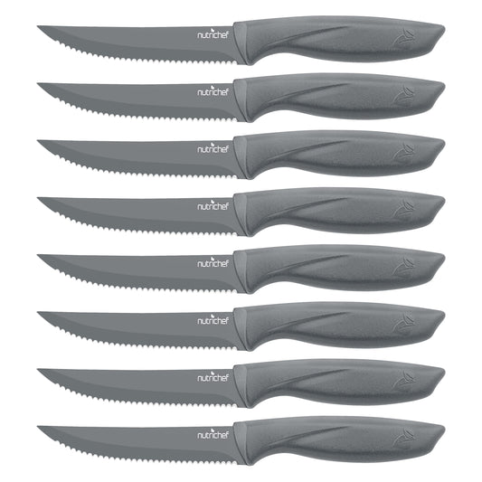 SereneLife Stainless Steel Knife Set, 8 Pcs. - Non-Stick Coating, Sharp Serrated Blades, Professional Kitchen Set, Rust-Resistant, Dishwasher Safe, Ideal for BBQ & Grilling, Gray