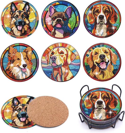 Puraikcmi 6pcs Dogs DIY Diamond Art Painting Kits Coasters with Holder, Diamond Coasters by Number Adults Crafts Full Drill Round Mosaic Stitch Art Craft Supplies