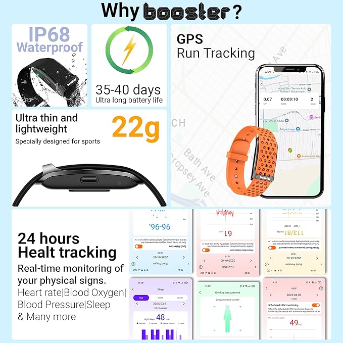 Booster Smart Bracelet, Wearable Activity & Fitness Tracker Band, 24H Sleep Tracker, All-Day Continuous Heart Rate Blood Pressure Stress HRV Monitor, 120+ Sport Modes Smart Wristband, Textile Black