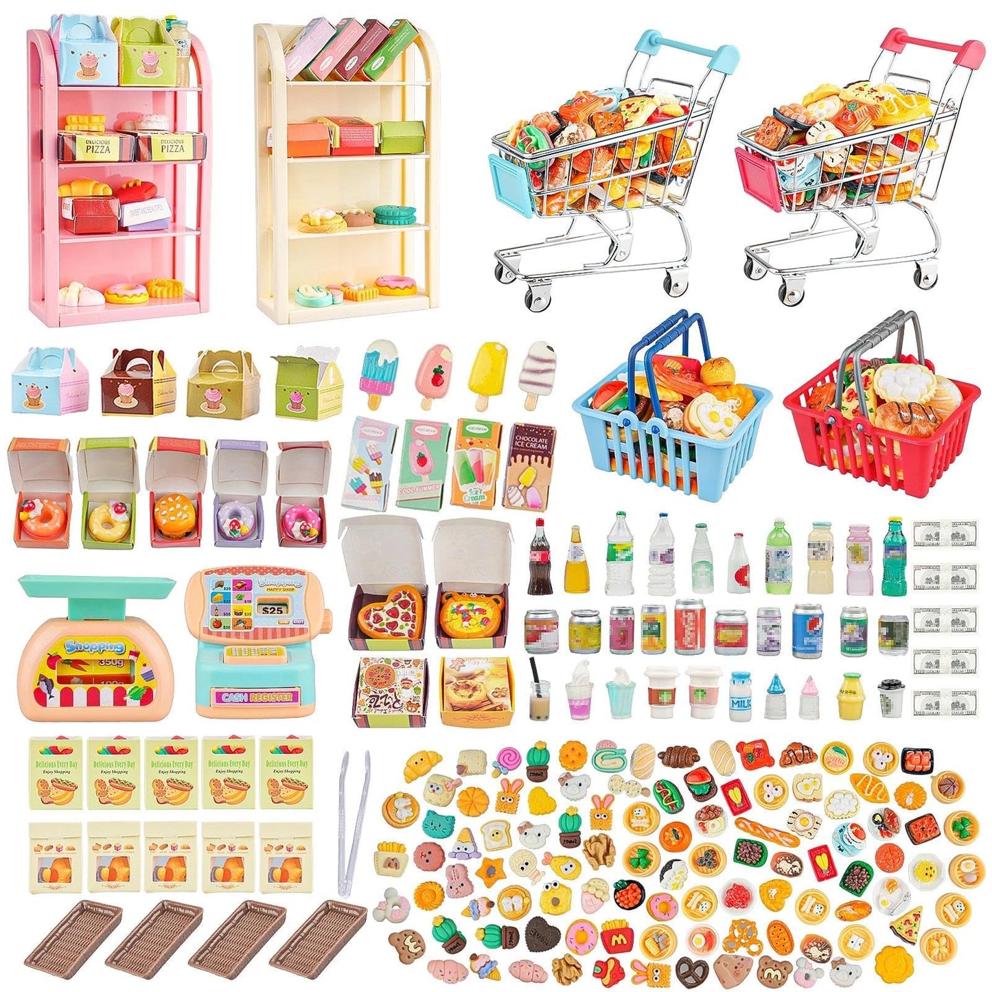 196Pcs Mini Shopping Cart Basket Trolley Grocery Game Model Miniature Drink Bottle Food Pizza with Box Supermarket Metal Handcart Toy Doll House Store Cosplay Pretend Kitchen Shelf Cash Register