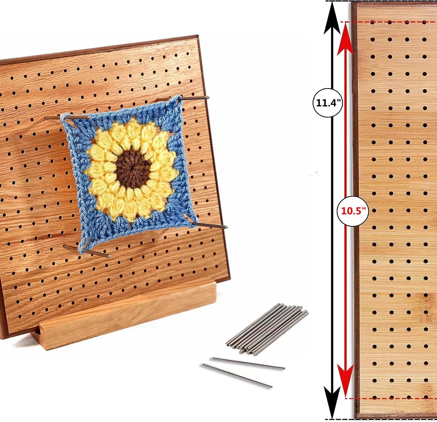 HONEYSEW 11.4" Crochet Blocking Board with 20 Pins/Pegs Handcrafted Mat for Crocheting Knitting Bamboo Granny Square Blocking Boards for Crochet Projects Wooden Crocheting Accessories