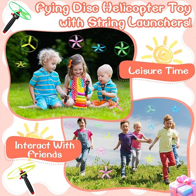 24 Pcs Flying Saucer Flying Disc Toy Helicopter Toy Disco Flyers Include 8 String Launchers and 16 Flying Saucer Flying Disc Launcher Flying Toys Little Teens Outdoor Activity Birthday Favors