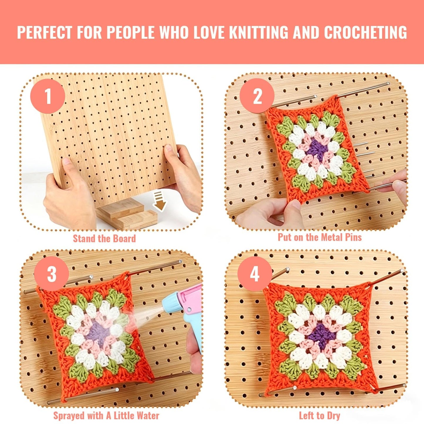 9x9 Inch Crochet Blocking Board, Bamboo Granny Square Blocking Mat with 12 Stainless Steel Pegs, Wooden Base and 5 Yarn Needles, Gifts for Crocheters