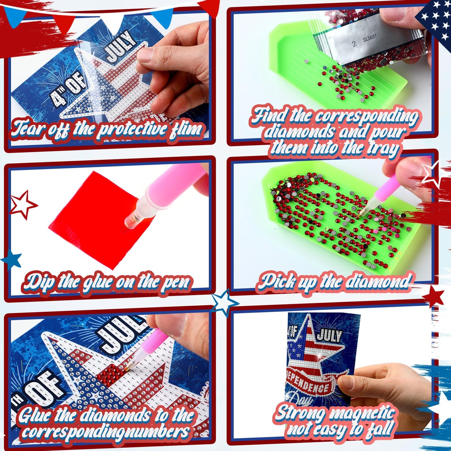 Saillong 12 Pack 4th of July Diamond Painting Greeting Card Kits Patriotic Diamond Art Cards with Envelopes Memorial Day Red White Blue 5D Rhinestones Painting Making Kits for Adults DIY Craft Gifts