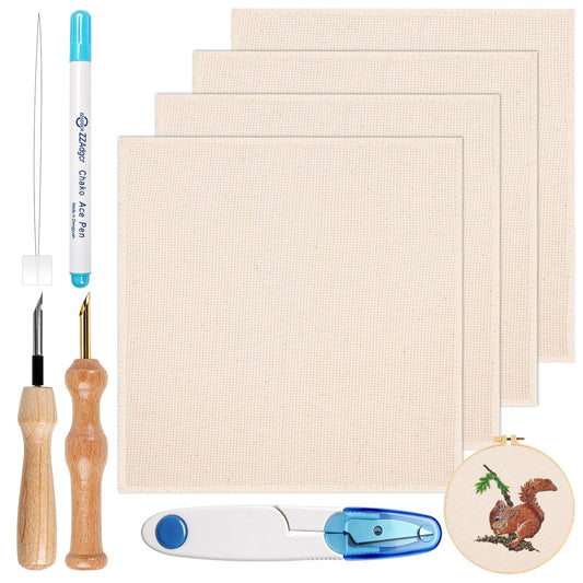 Aemygo 9 Pcs Punch Needle Fabric Kit Include Pre-Cut Monks Cloth, Embroidery Pen with Wooden Handle, Scissors and a Marking Pen, Tufting Cloth with Edging for 7.8" Embroidery Hoop