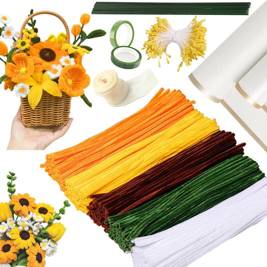 400 PCS Chenille Stems Assorted Colors – Pipe Cleaners Bulk for DIY Crafts & Flowers, Pipe Cleaners Craft Kit with Floral Wires, Gardening Tape, Wrapping Paper, Stamen & Ribbon for Bouquets