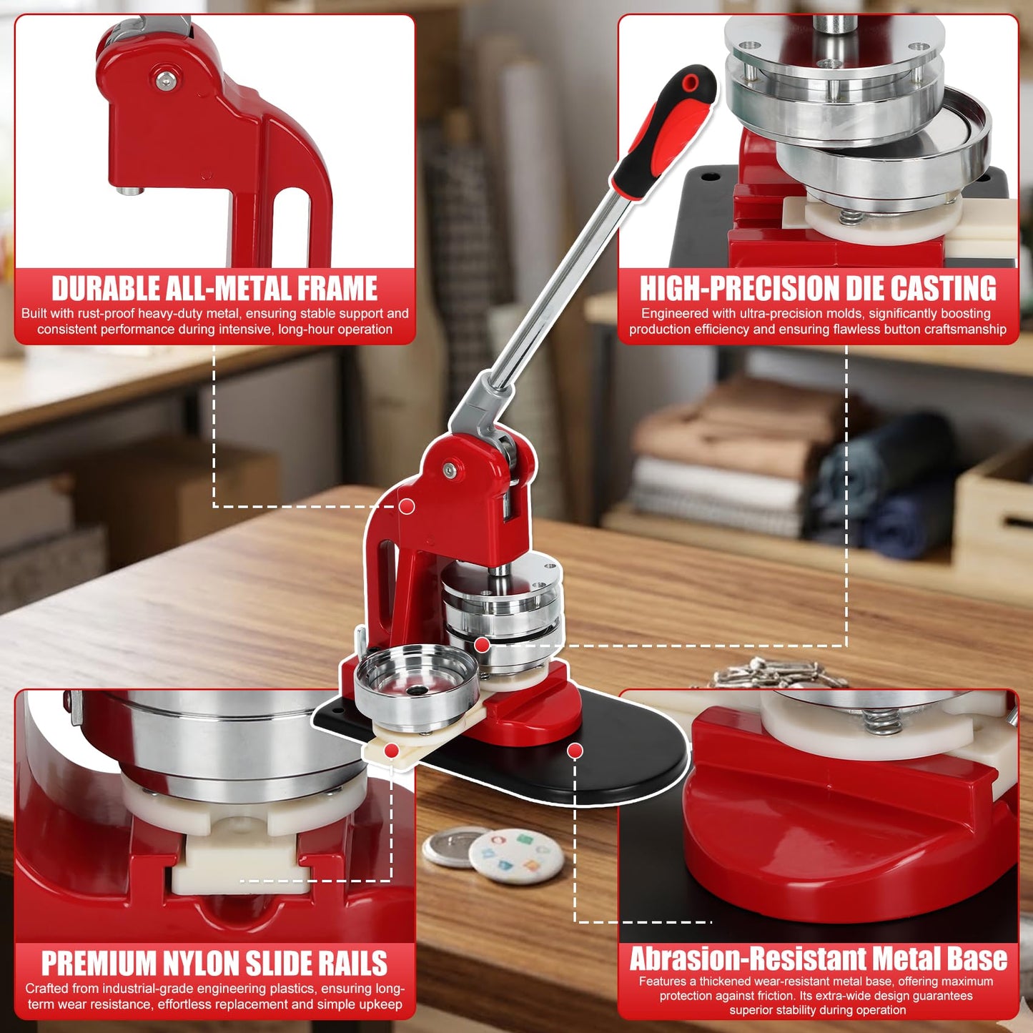 Multiple Sizes Button Maker Machine, Interchangeable Badge Press 1.25 Inch + 2.25 Inch + 3 Inch, DIY Pin Button Making Machine with 300 Sets Supplies, Circle Cutter and Cutting Mat Included