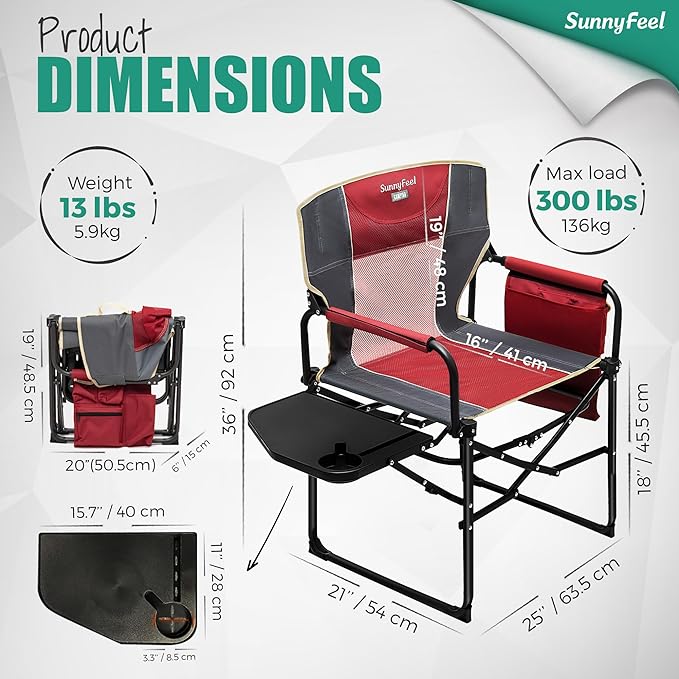 SUNNYFEEL Oversized Camping Directors Chair, Portable Folding Lawn Chairs for Adults Heavy Duty with Side Table,Pocket for Beach, Fishing,Picnic,Concert,Tailgating, Outdoor Foldable Camp Chair
