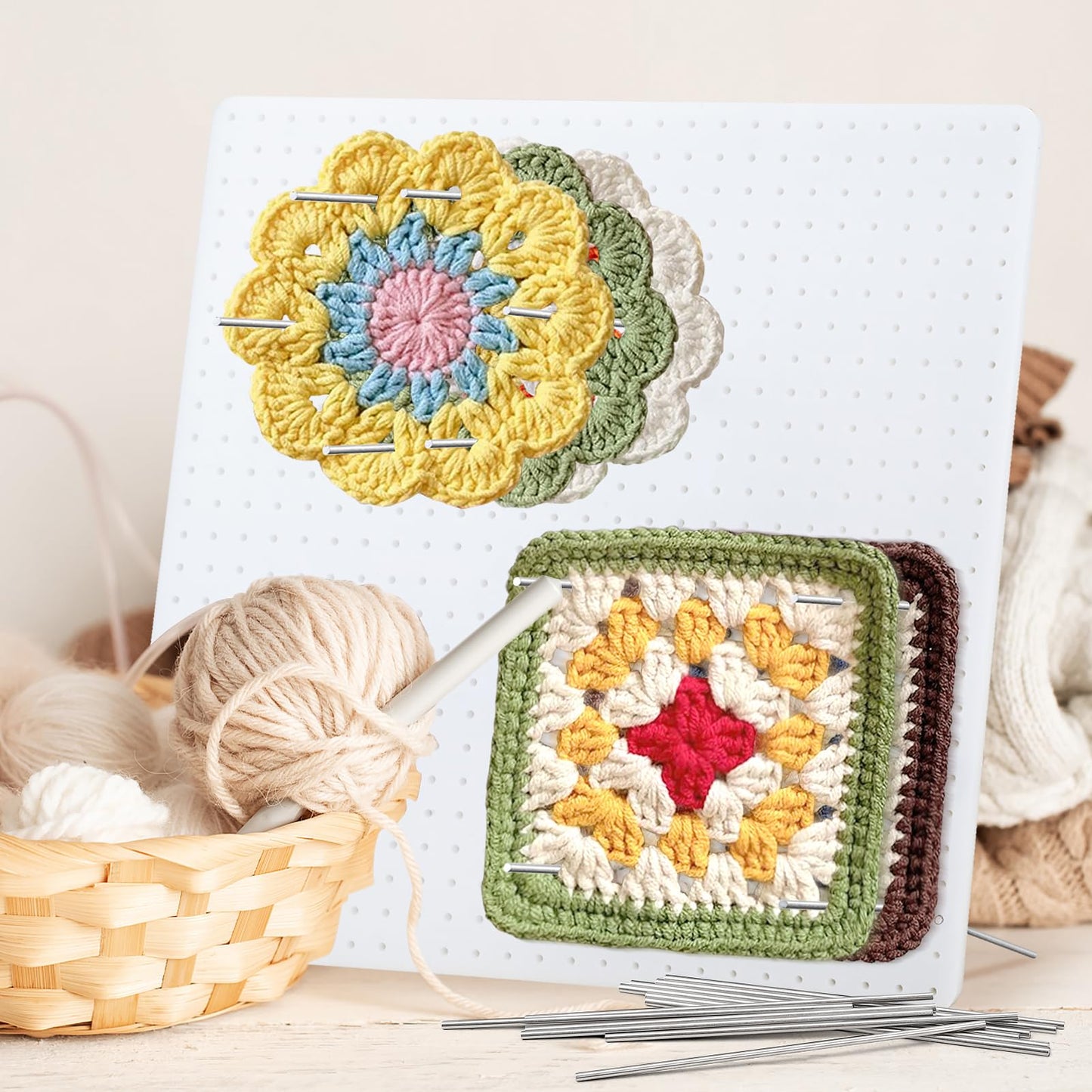 13” Washable Crochet Blocking Board with 20 Pegs/Pins, Upgraded Plastic Blocking Boards for Crochet Projects with Adjustable Tilt Angle, Granny Square Blocking Board for Crocheters, Beginners, Mothers