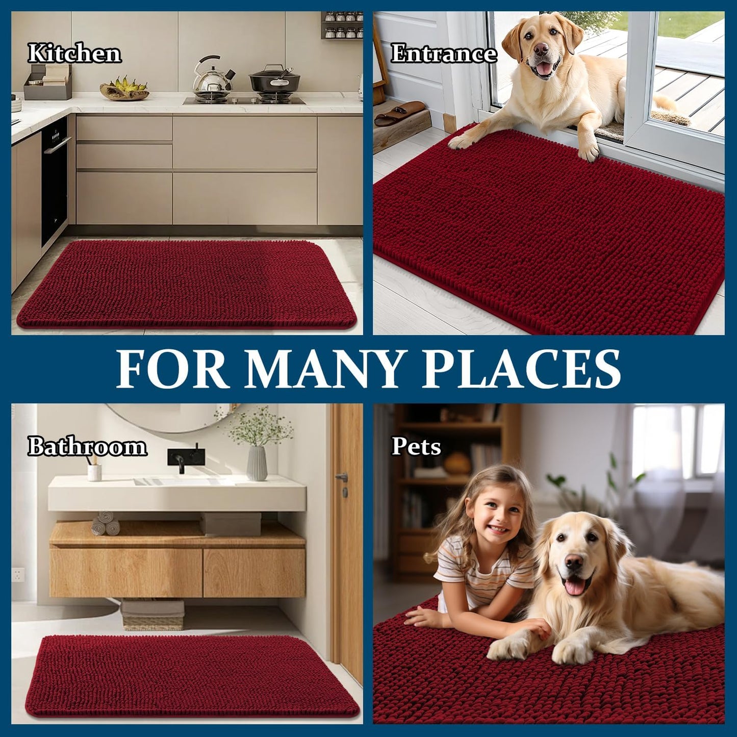 OLANLY Dog Door Mat - Absorbent Non-Slip Chenille for Muddy Paws | 59x32, Quick Dry Indoor Entryway Carpet, Red