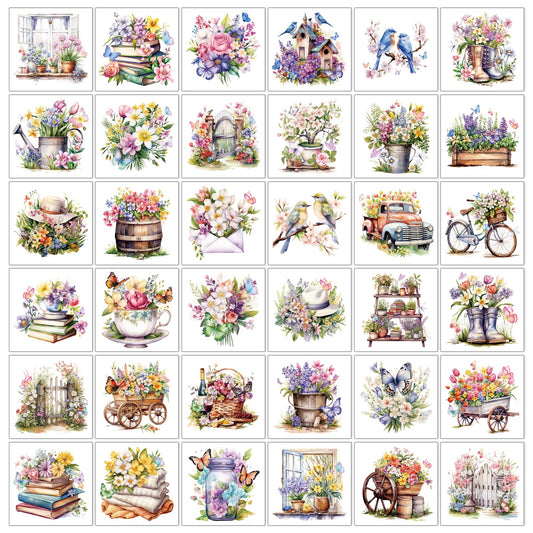 Shejdgart Flower Rub on Transfers for Crafts - 36 Pcs Vintage Spring Flower Rub on Transfers for Furniture Floral Bird Butterfly Transfer Decals for Wood DIY Glass Home Decor 3.1x3.1 Inch