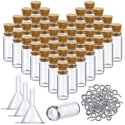 Yungyan 50 Pieces Small Mini Glass Bottles Jars with Cork Stoppers Set, Tiny Cork Glass Bottles with Eye Screws and Small Funnel for Decoration, Art Crafts, DIY Projects, Party Favors(5ml)
