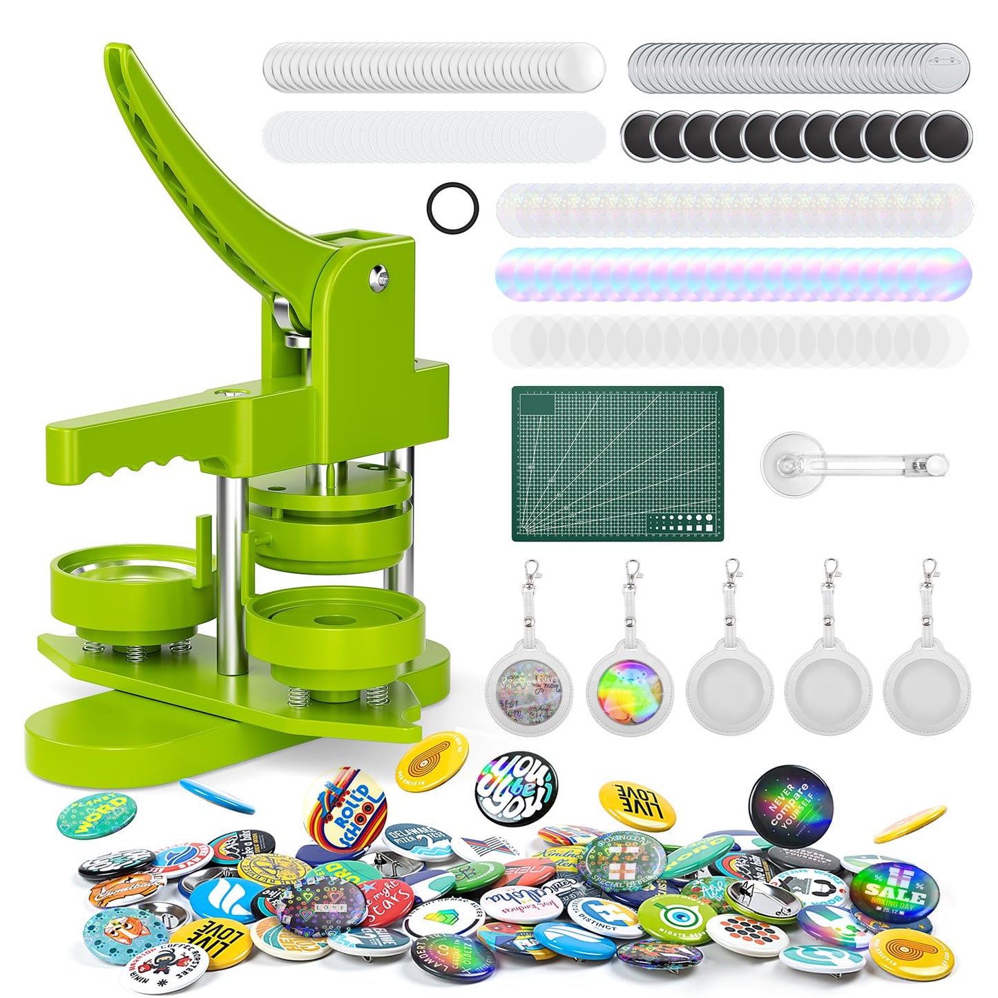 Button Maker Machine 2.25''(58mm), Pin Maker Button Press Machine W/100 Holographic Film Pinbacks,10 Fridge Magnet, 5 Keychain Sleeve, Create Fan Pins for Cosplay, Anime Meetups, Kpop
