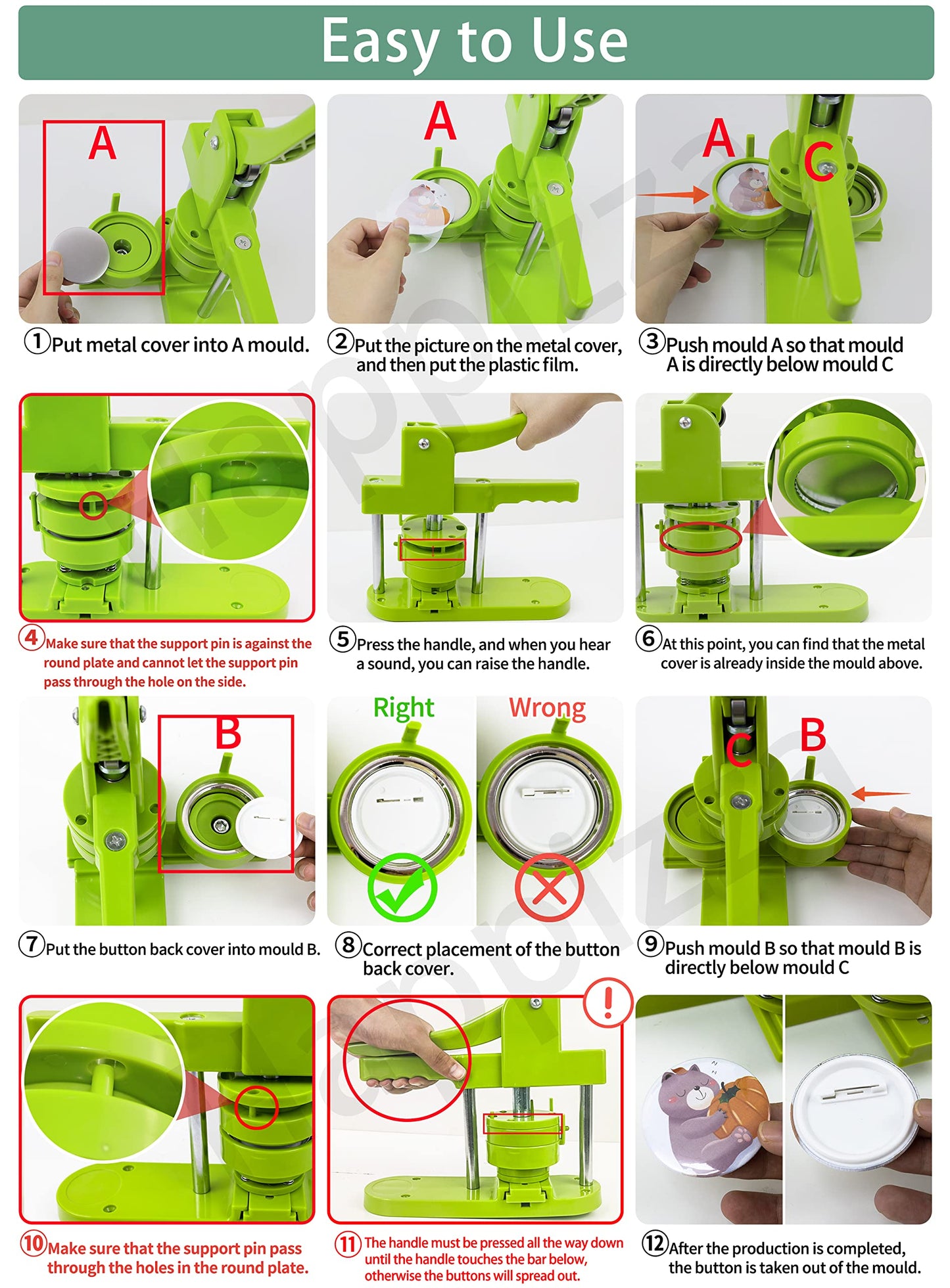 Happizza Button Maker Machine Multiple-Sizes - Pin Maker Machine 1.25 inch+2.25 inch, Interchangeable Button-models Badge Button Press Machine with 200 Sets 32+58mm Button Maker Supplies&Circle Cutter