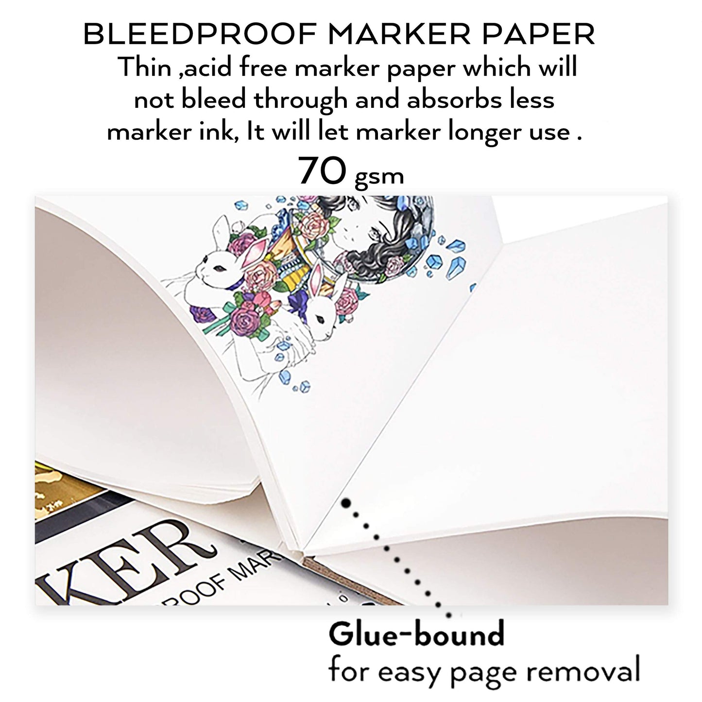Bianyo Bleedproof Marker Paper Pad, A4(8.27"X11.69"), 50 Sheets/Pad, Pack of 2 Pads, 18 LB / 70 GSM, Glue-Bound, 100% Cotton, White, Ideal for Use with Markers and Ink Mediums