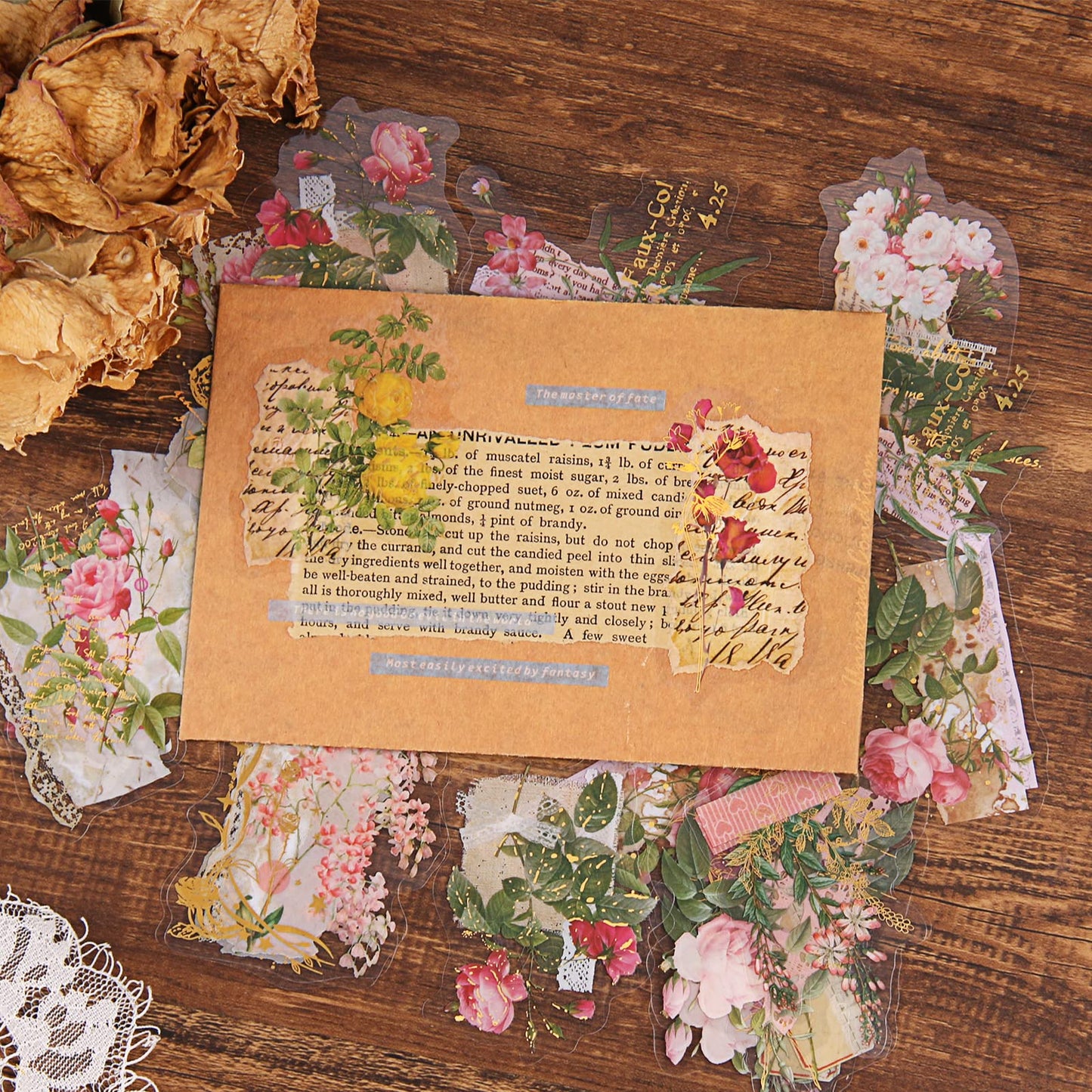 Dizdkizd Die Cut Gold Foil Floral Stickers (180 Pieces), Transparent Aesthetics Sticker Set Vintage Flower Decals for Scrapbooking Card Making Journaling Paper Crafting